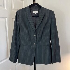 Calvin Klein Dark Gray, Light Blue Pinstripe Double Breasted Blazer Size 10